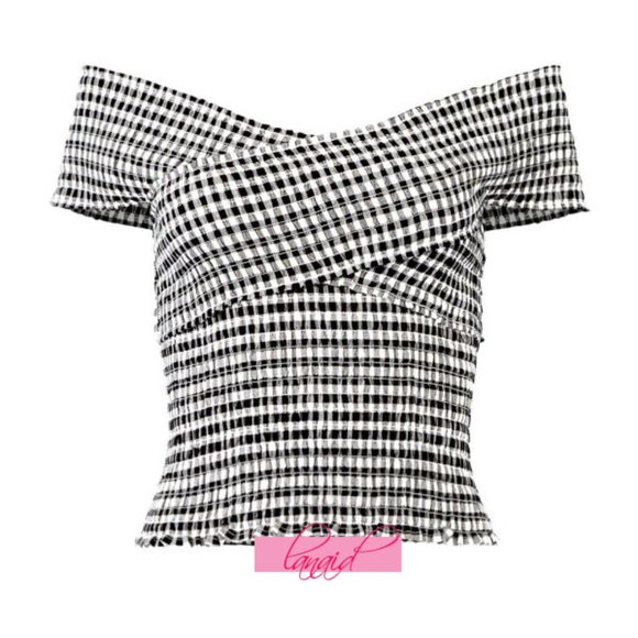 Cupcakes Cashmere Bowman Top Off-The-Shoulder Smocked Gingham Wrap Bardot Blouse - Picture 7 of 9